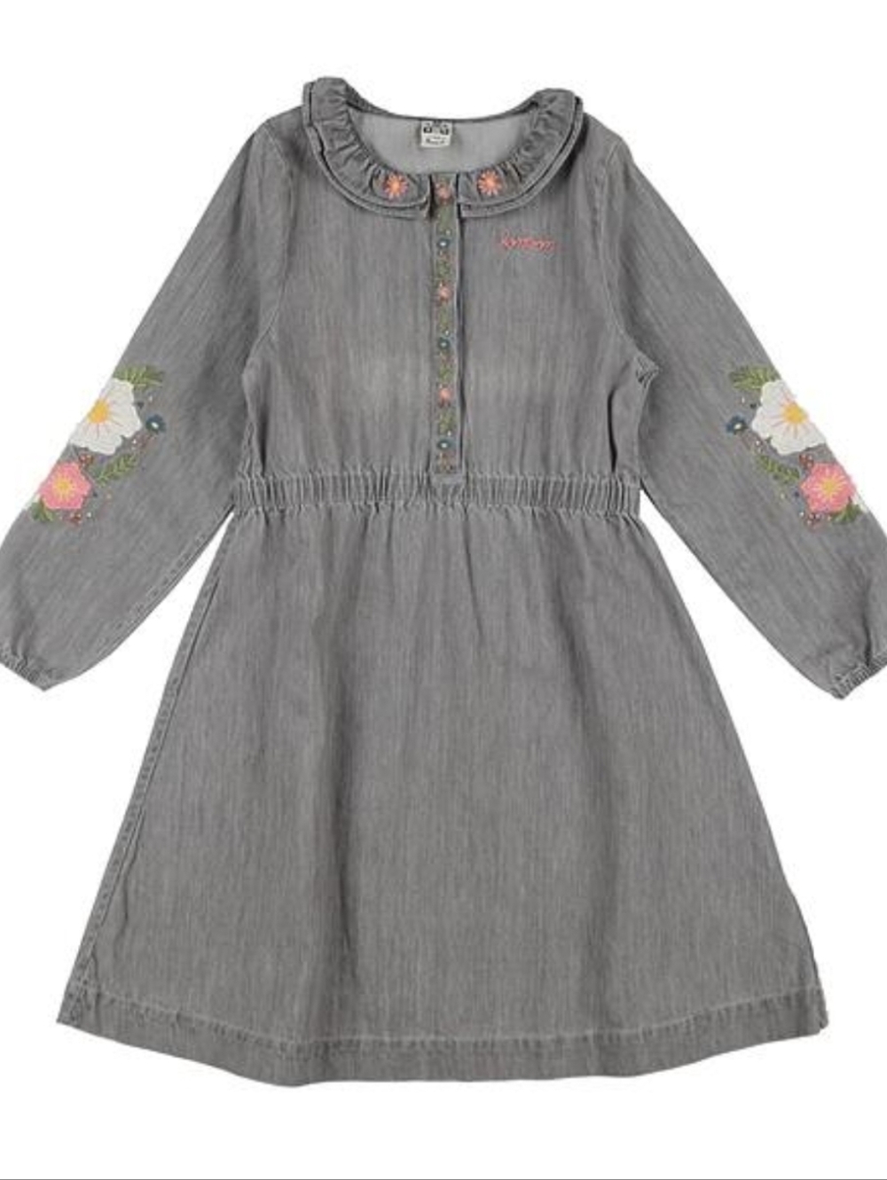 Bonton Gray Dress with Pink & White Floral Sleeve Embroidery